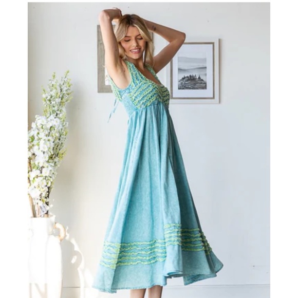 Oli and Hali Frilled Details Aqua Midi Dress Sleeveless Smocked Back Tie Pocket - Picture 3 of 14